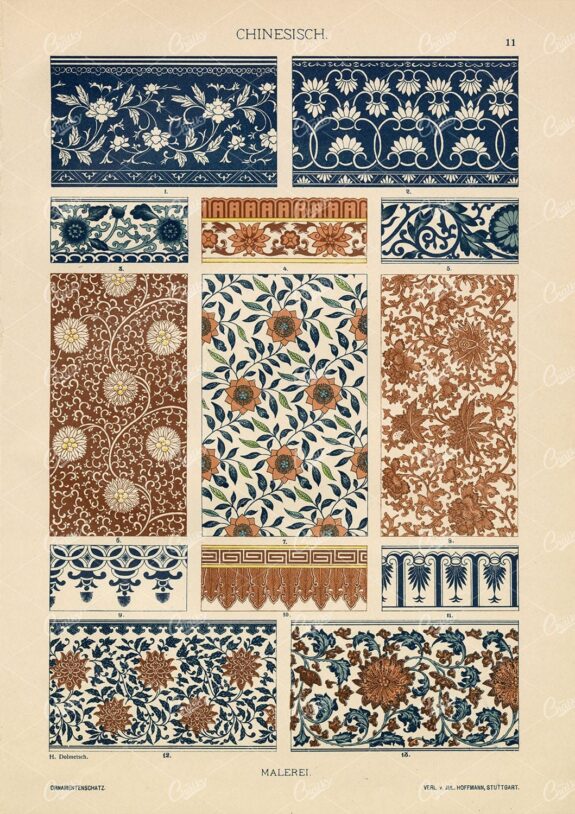 CHINESE Decorative Floral Pattern Paintings - 1887 Antique Print