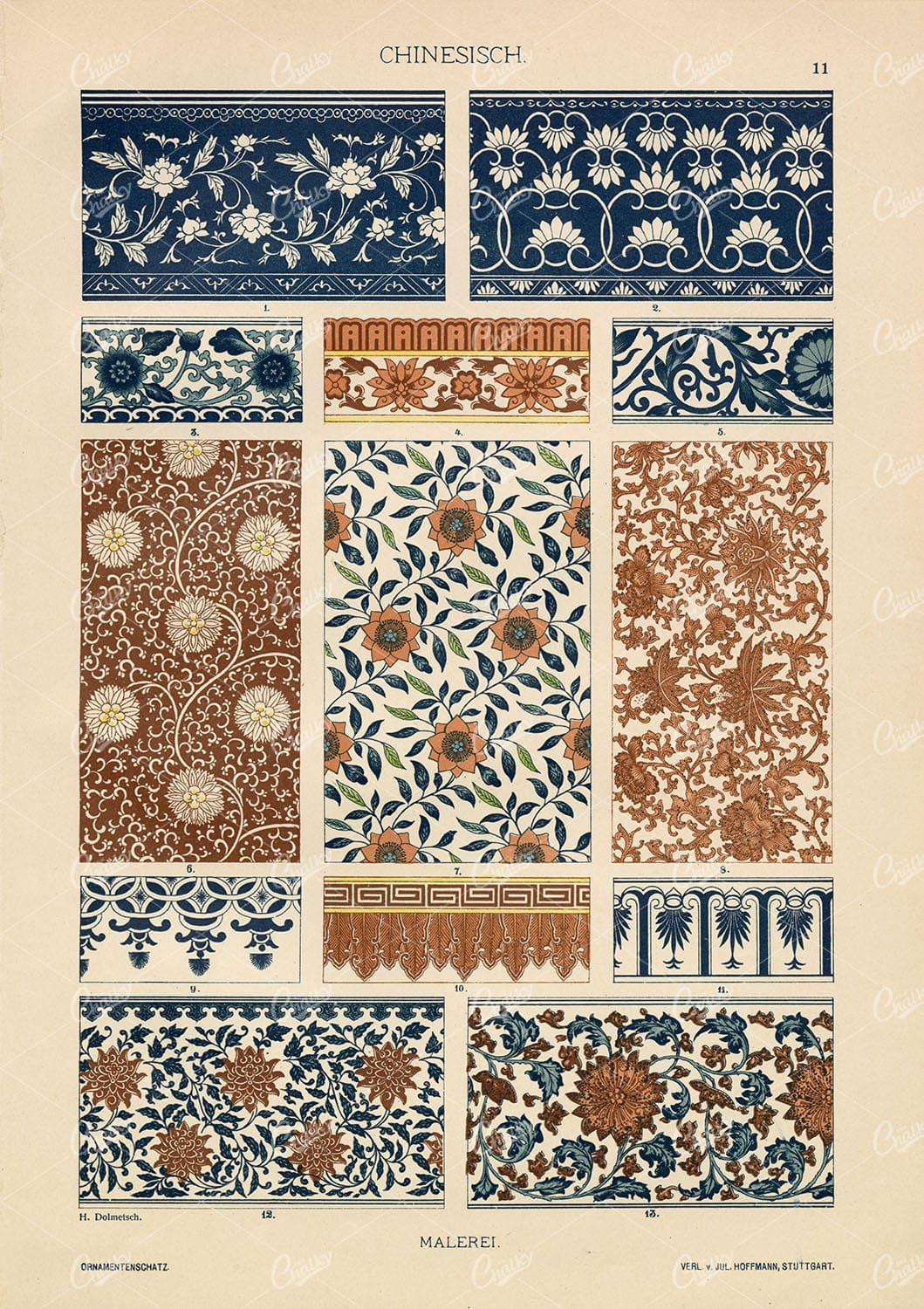 CHINESE Decorative Floral Pattern Paintings - 1887 Antique Print