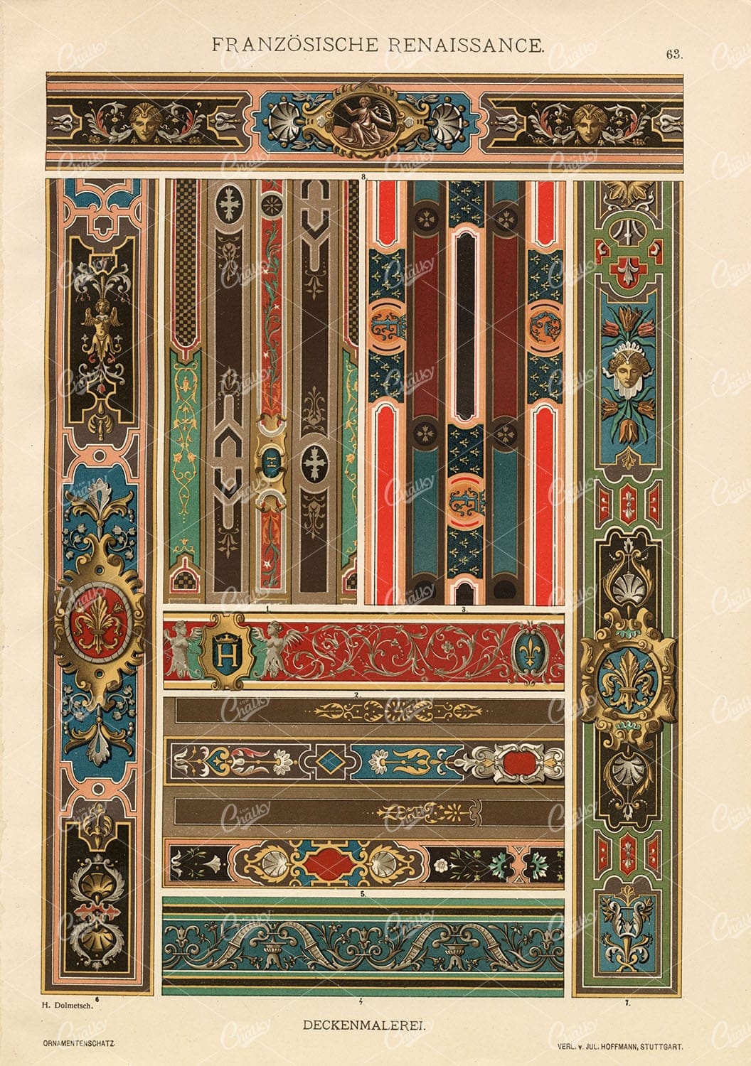 FRENCH Renaissance Decorative Ceiling Paintings - 1887 Antique Print
