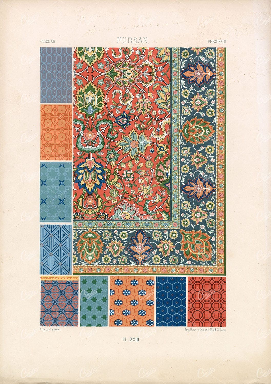 PERSIAN Tapestry Pattern Designs - Antique Racinet Chromolithograph 1870