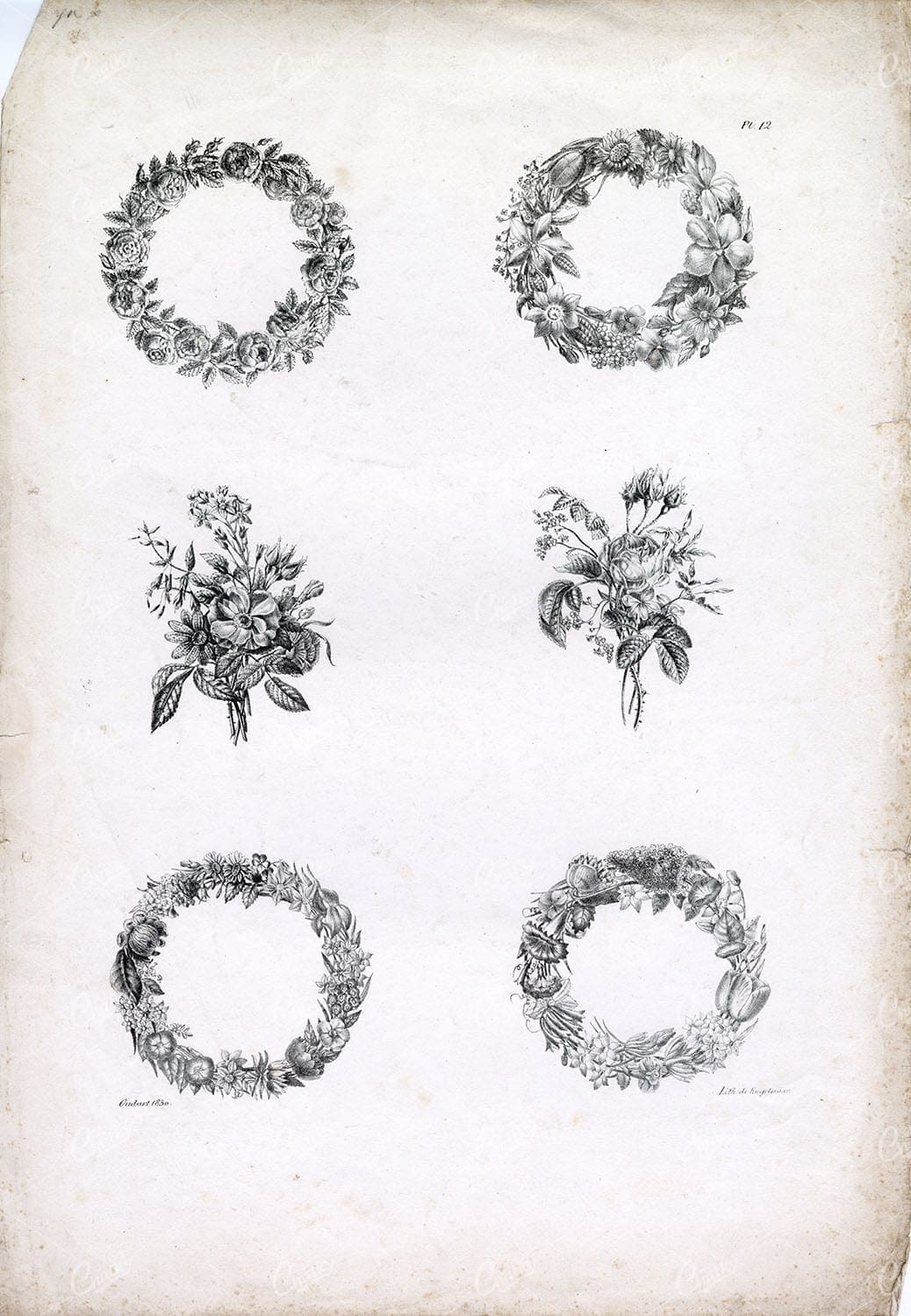 1830 FLORAL Bouquet and Wreath Designs - OUDART Antique Lithograph