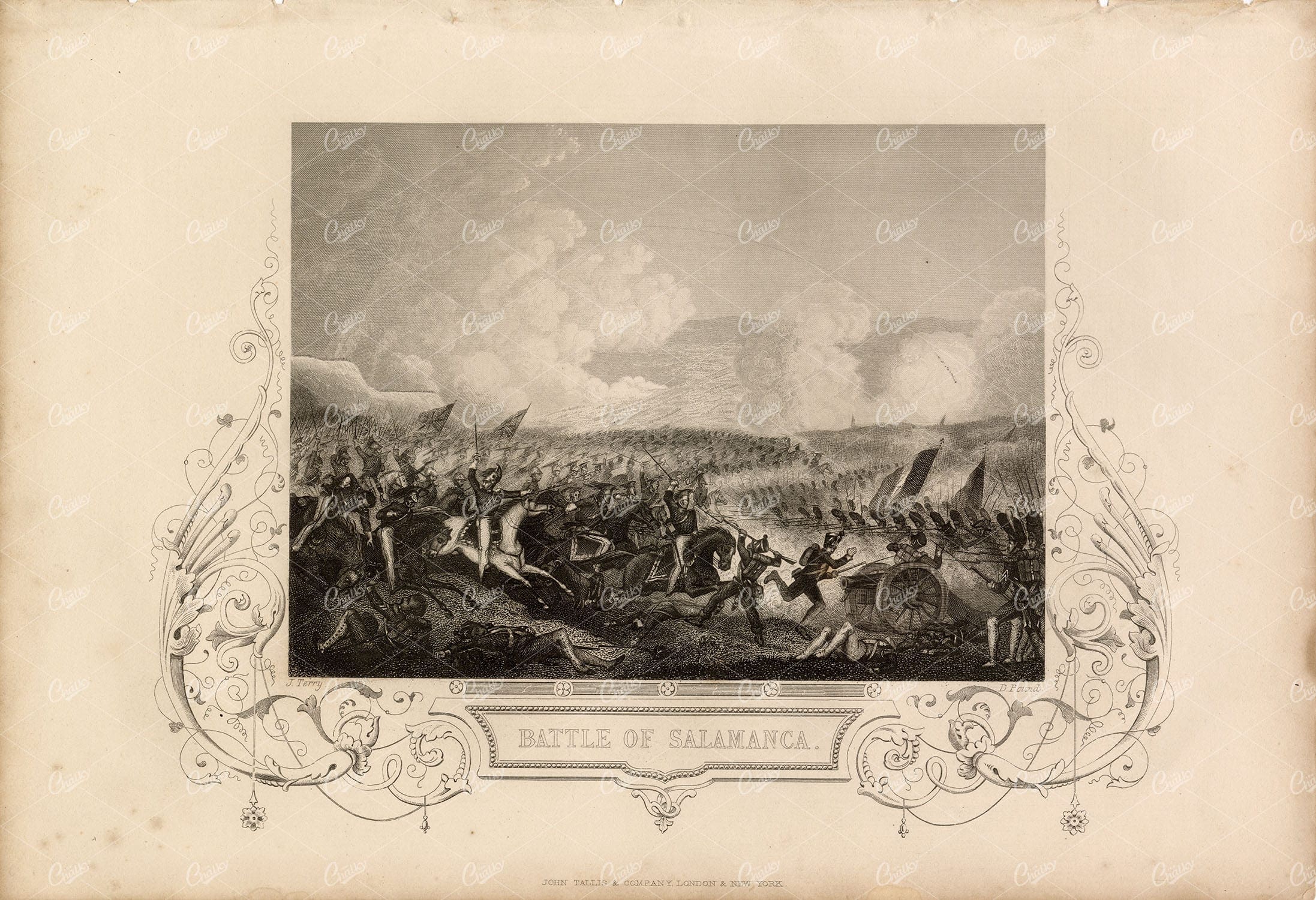 ANTIQUE 1853 Military Print - Battle of Salamanca - Decorative Border