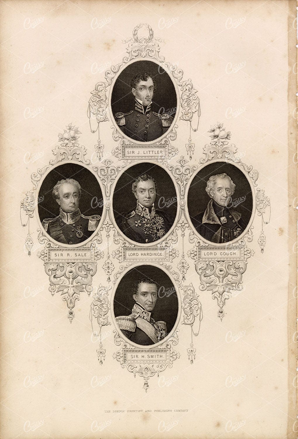 ANTIQUE 1853 Portrait Print. J. Littler, R. Sale, Lord Hardinge, Lord Gough