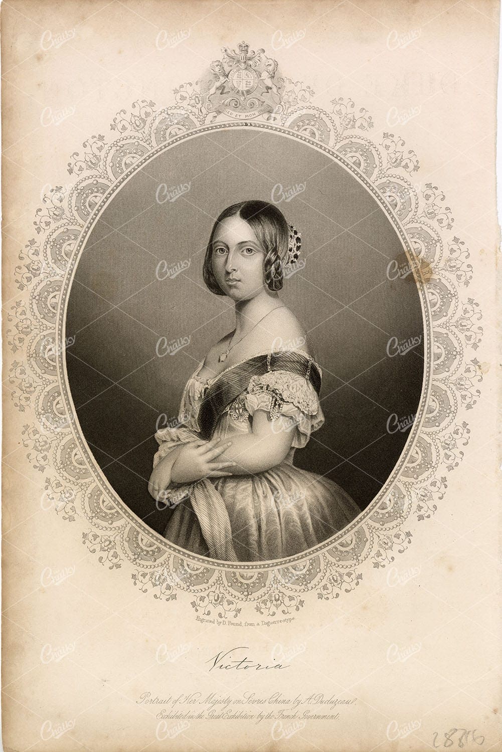 ANTIQUE 1853 Portrait Print of Queen Victoria Engraved by D. Pound