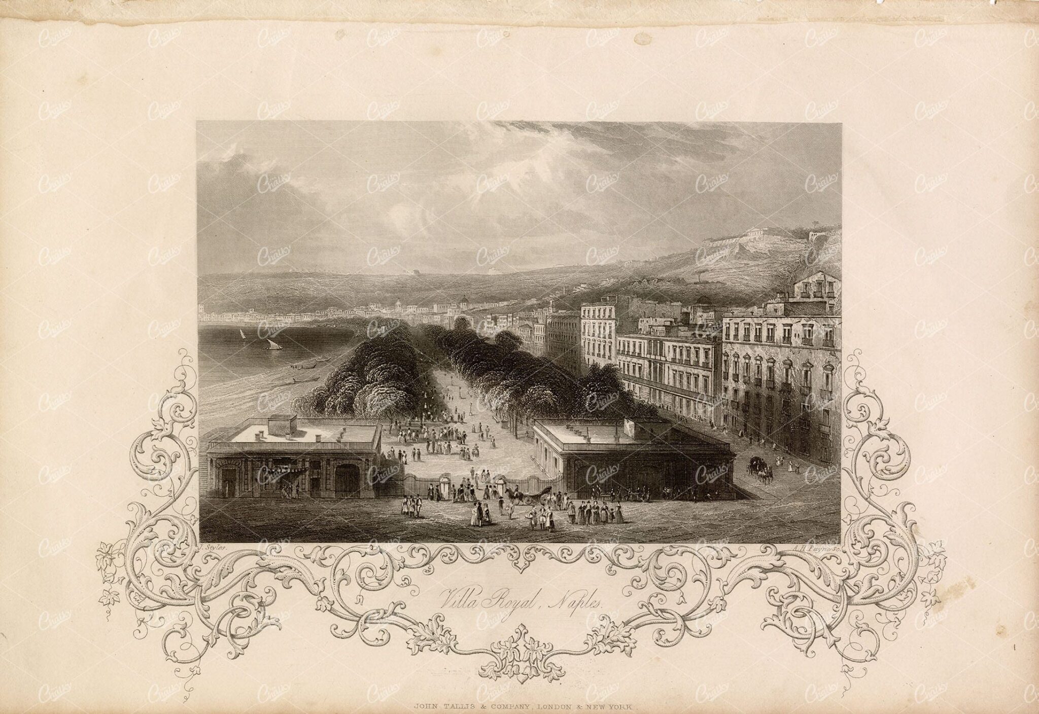 ANTIQUE 1853 Engraving Print, Villa Royal, Naples, Italy