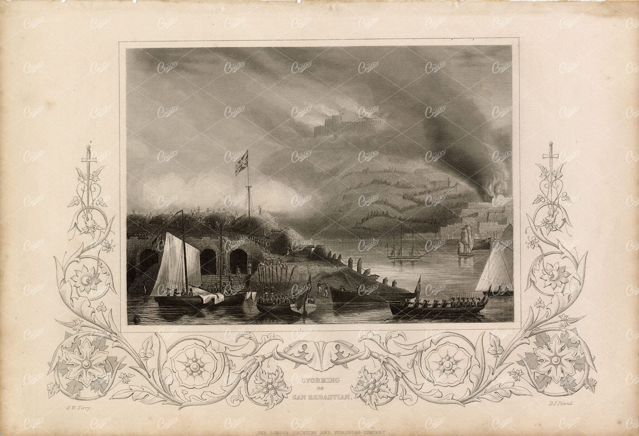 ANTIQUE 1853 Military Print. Storming of San Sebastian, Spain