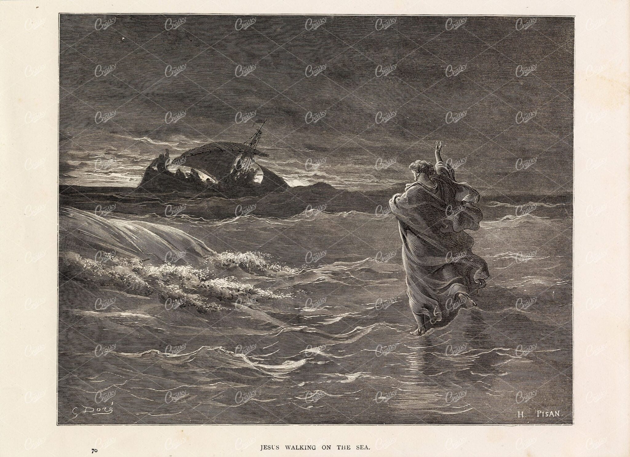 JESUS Walking on the Sea - Antique Lithograph 1891 Gustave Dore