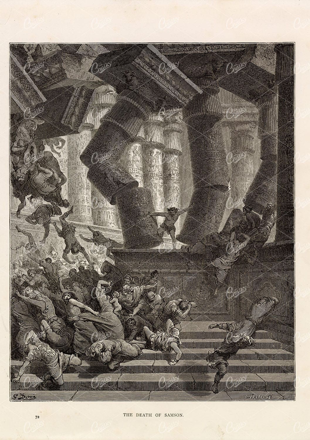 ANTIQUE Print - Gustave Dore 1891 Lithograph - The Death of Samson