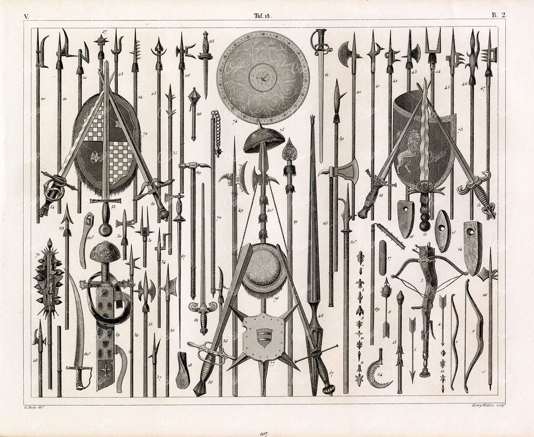 WEAPONS of Normans Saxons Cross Bow Lance Club - 1844 Antique Print