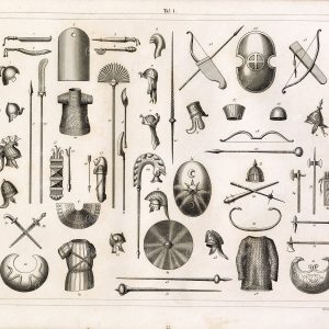 ANCIENT Armor Helmets Shields Spears Bows - 1844 Antique Print Engraving