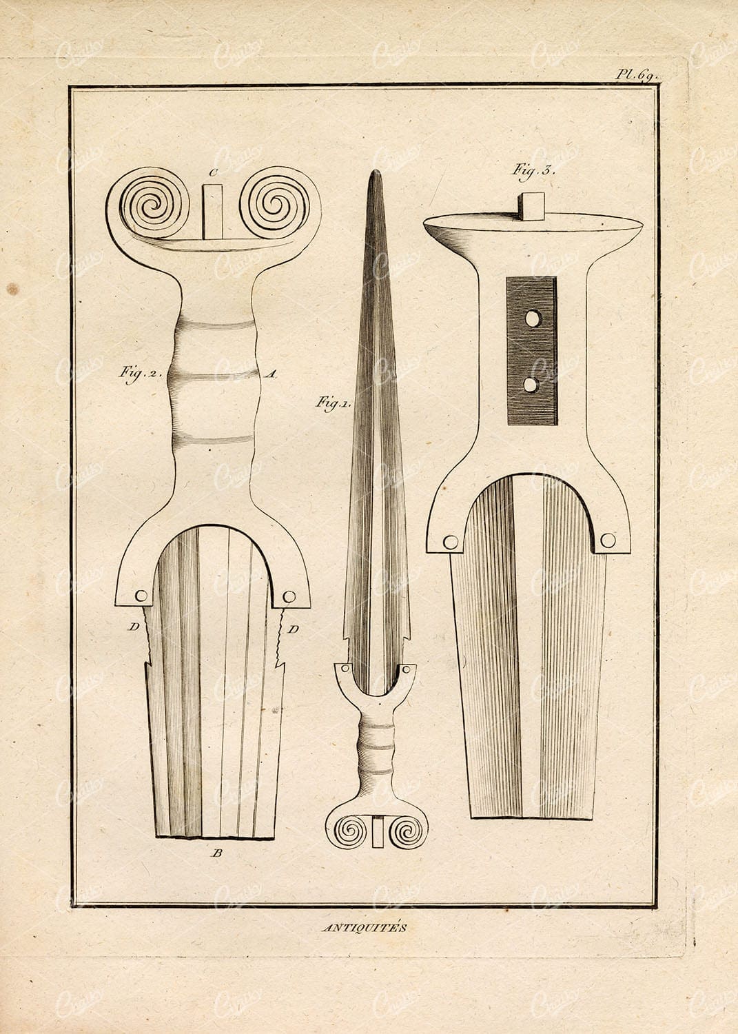 ROMAN ARMS Daggers Scabbard Dacian Barbarian - 1804 Antique Print