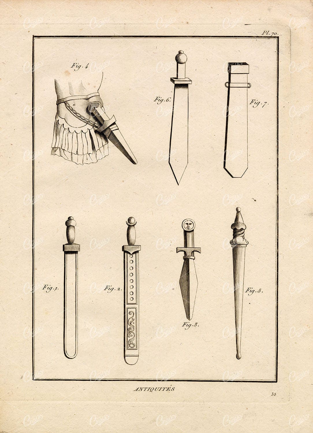ROMAN ARMS Daggers Scabbard Dacian Barbarian - 1804 Antique Print