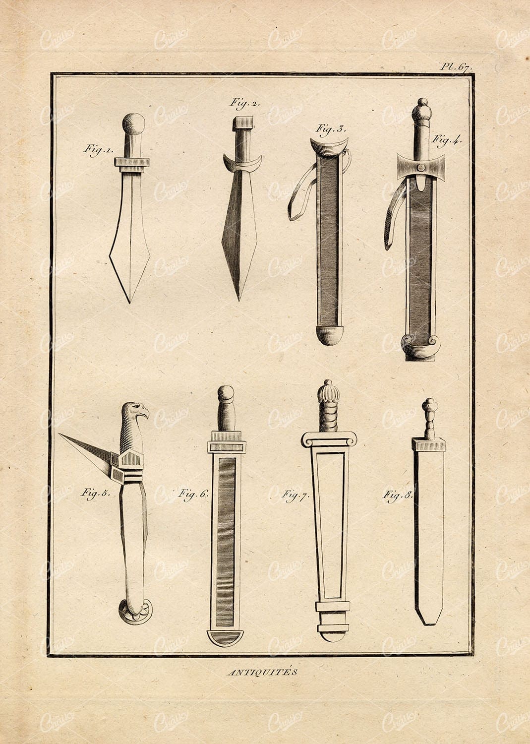 ROMAN ARMS Daggers Scabbard Dacian Barbarian - 1804 Antique Print