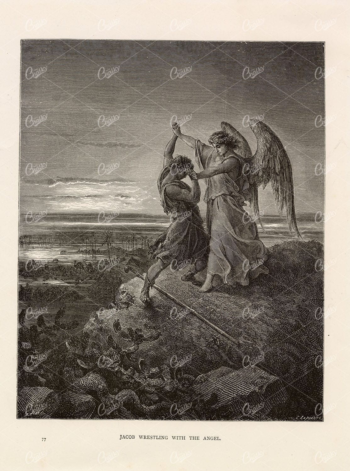 BIBLICAL Print - Jacob Wrestling with the Angel - Gustave Dore 1891