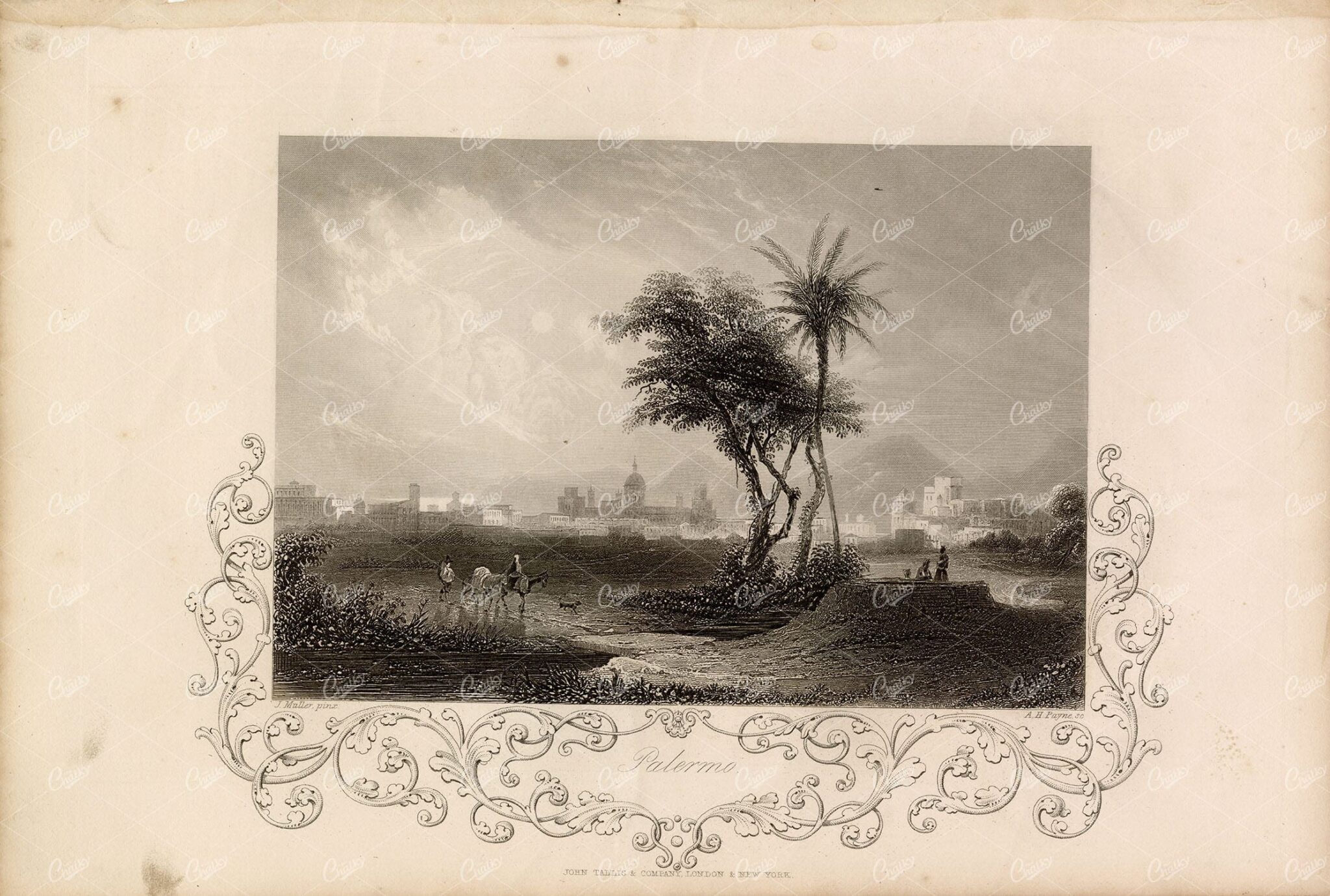 ANTIQUE 1853 Print Palermo, Sicily, Italy