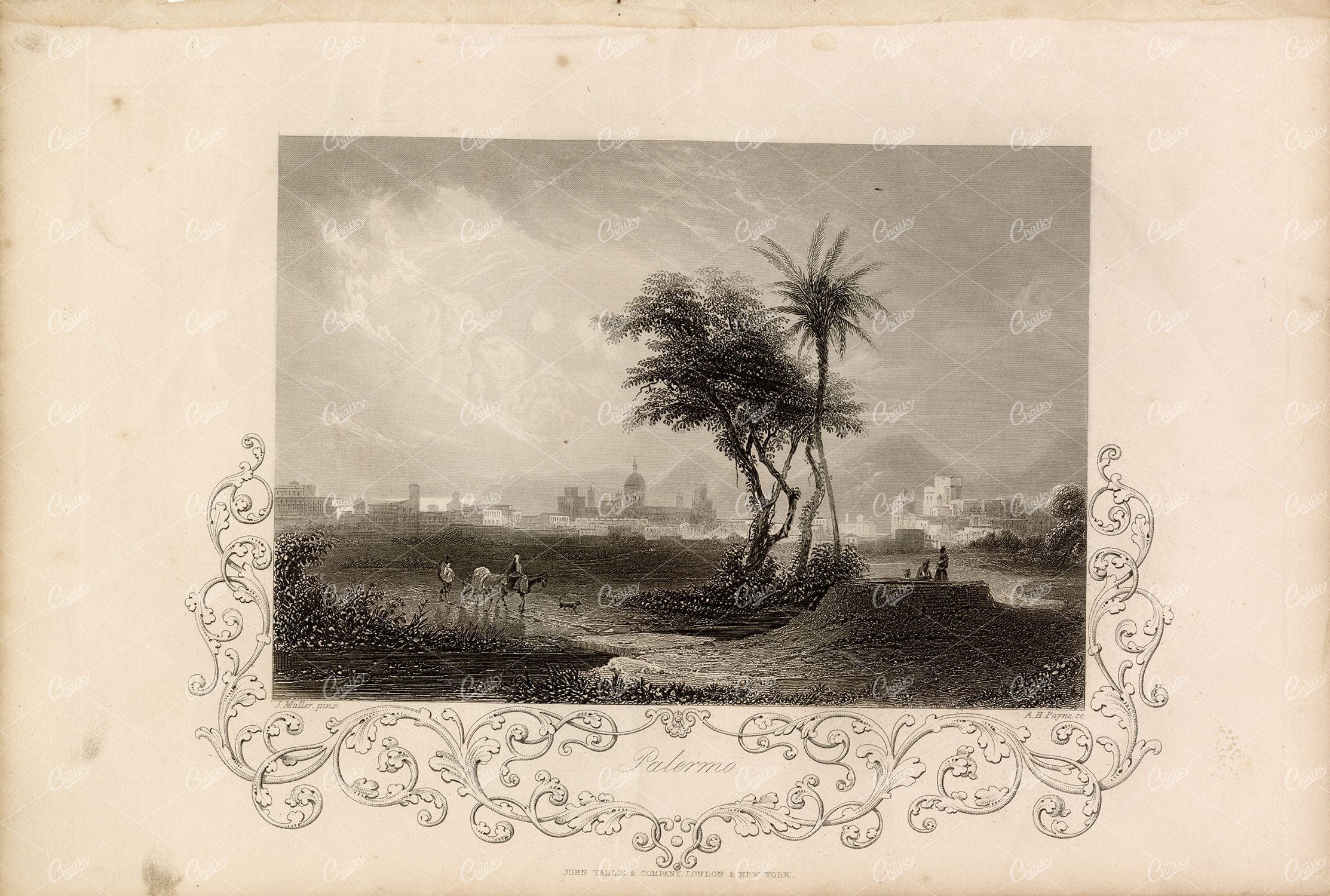 ANTIQUE 1853 Print Palermo, Sicily, Italy
