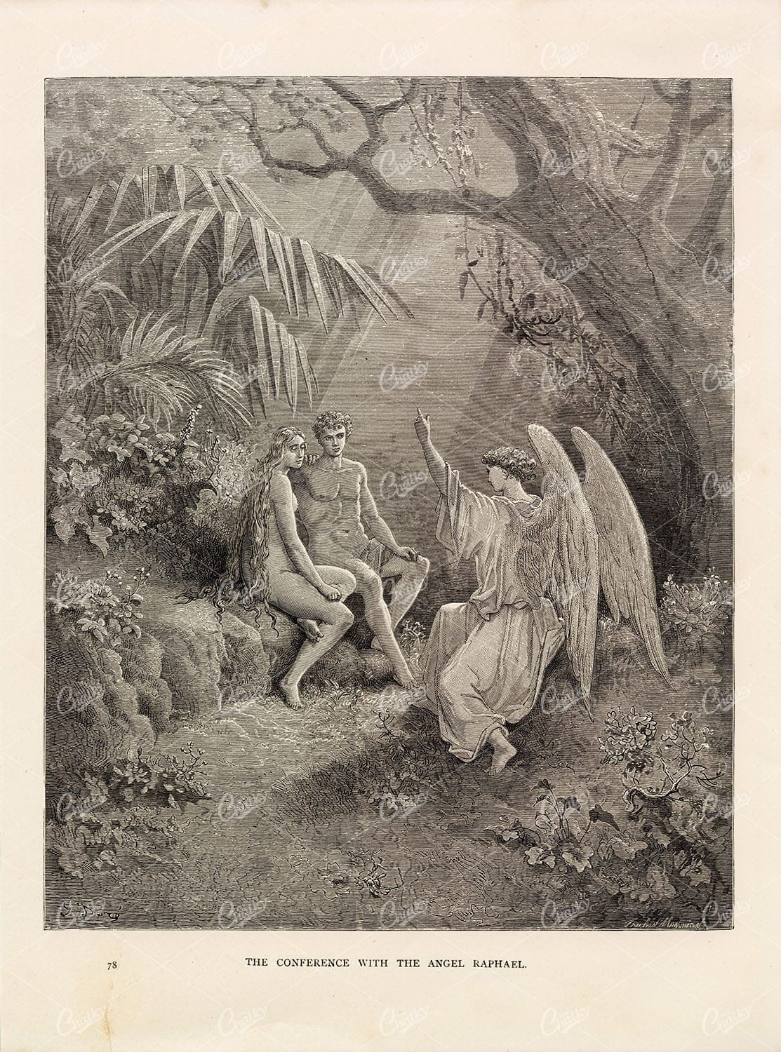 ANTIQUE Bible Print - Conference with the Angel Raphael - G. Dore 1891