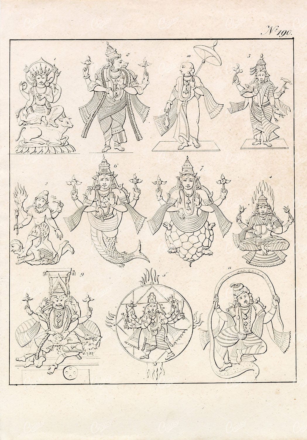 INDIA Mythology Gods Deities Vishnu as Fish Boar  - 1828 Antique Print