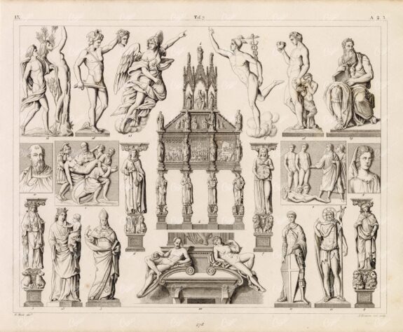 SCULPTURE Art Michelangelo Cellini Donatello Caryatides - 1844 Print