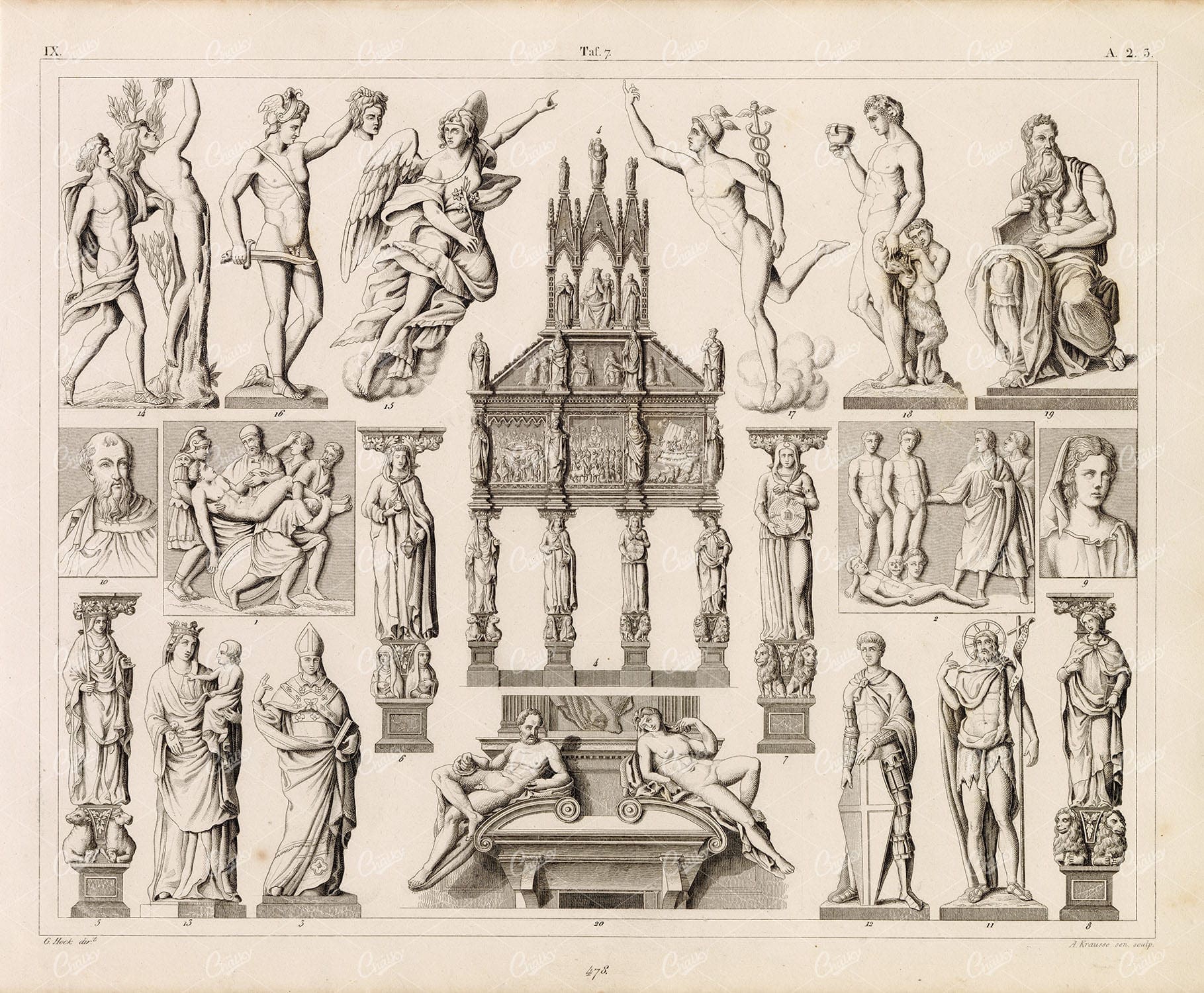 SCULPTURE Art Michelangelo Cellini Donatello Caryatides - 1844 Print