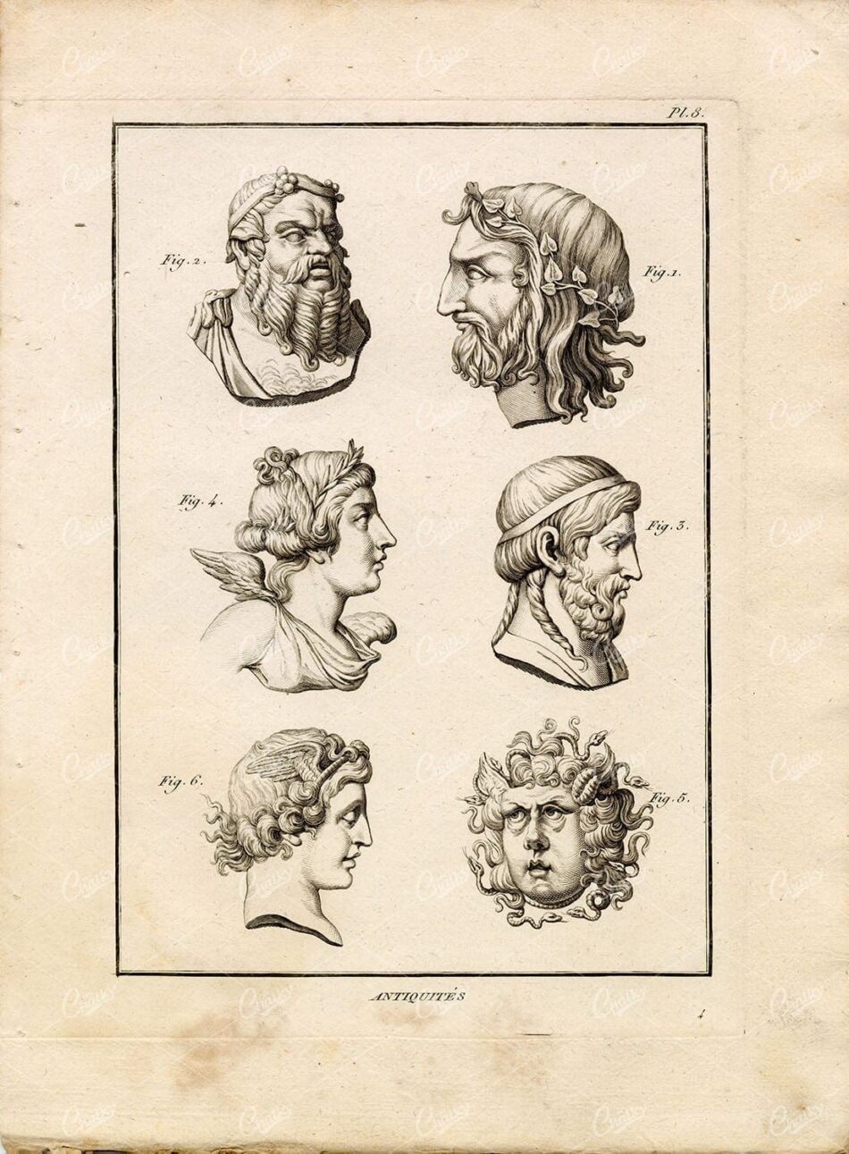 GODDESSES Gorgona Victory Pan Asclepius Medusa - 1804 Copperplate Print