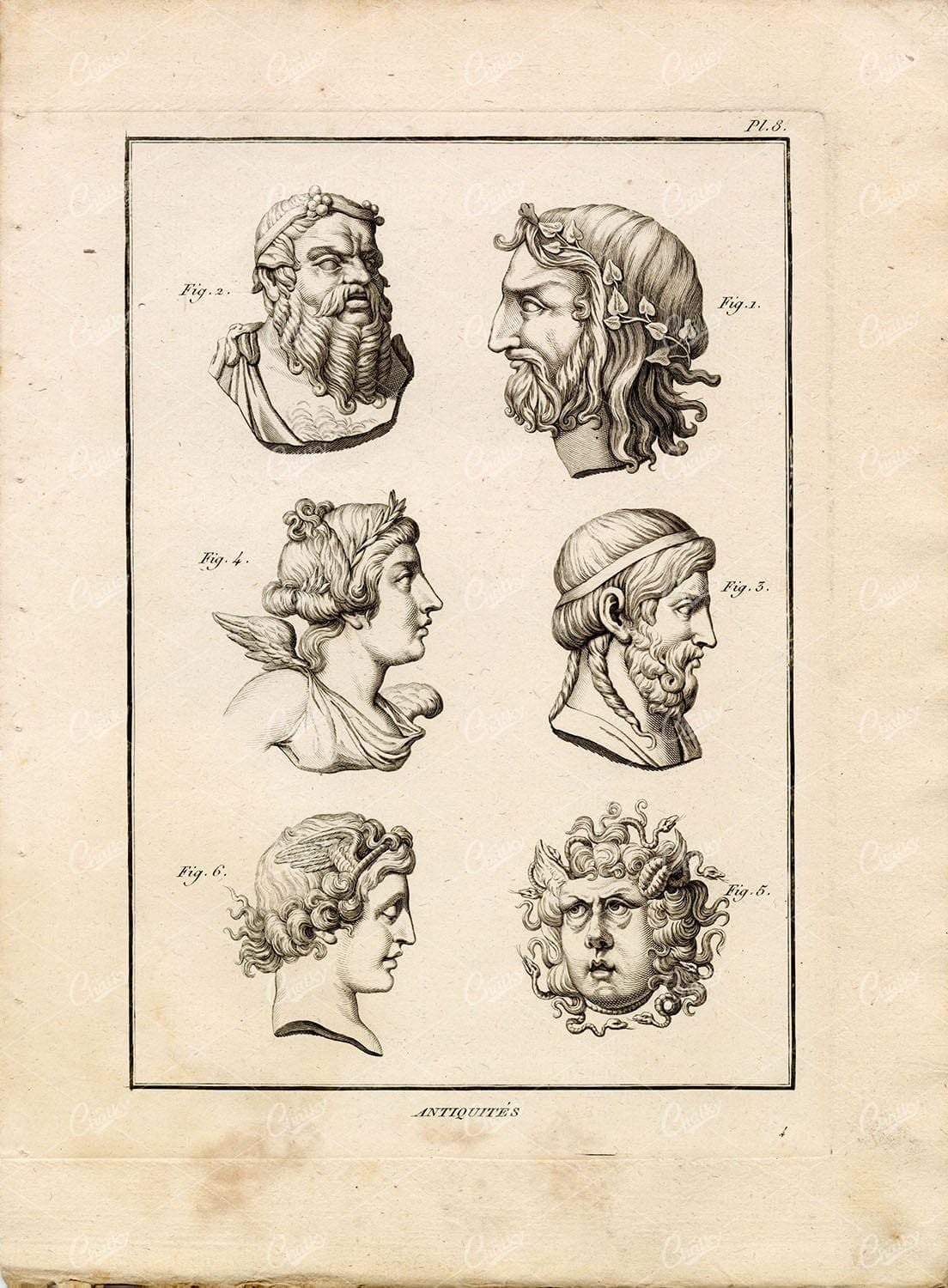 GODDESSES Gorgona Victory Pan Asclepius Medusa - 1804 Copperplate Print