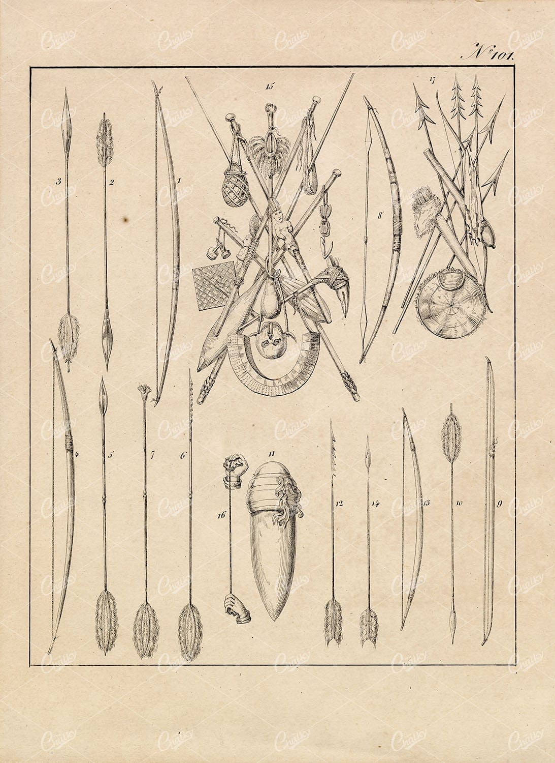 ARMS South America Indians Bows Arrows Spears Axes - 1828 Antique Print