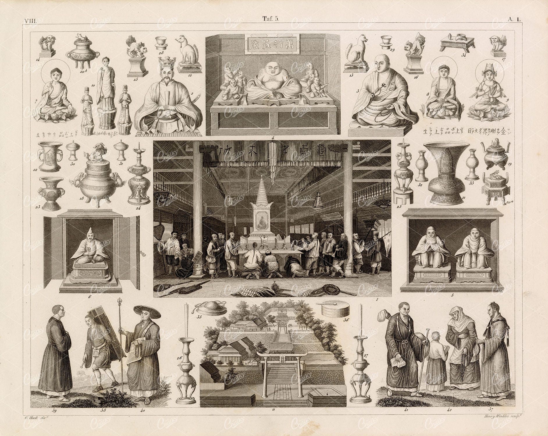 CHINA Japan Mythology Worship of Fo at Canton Blind Monk - 1844 Superb Print
