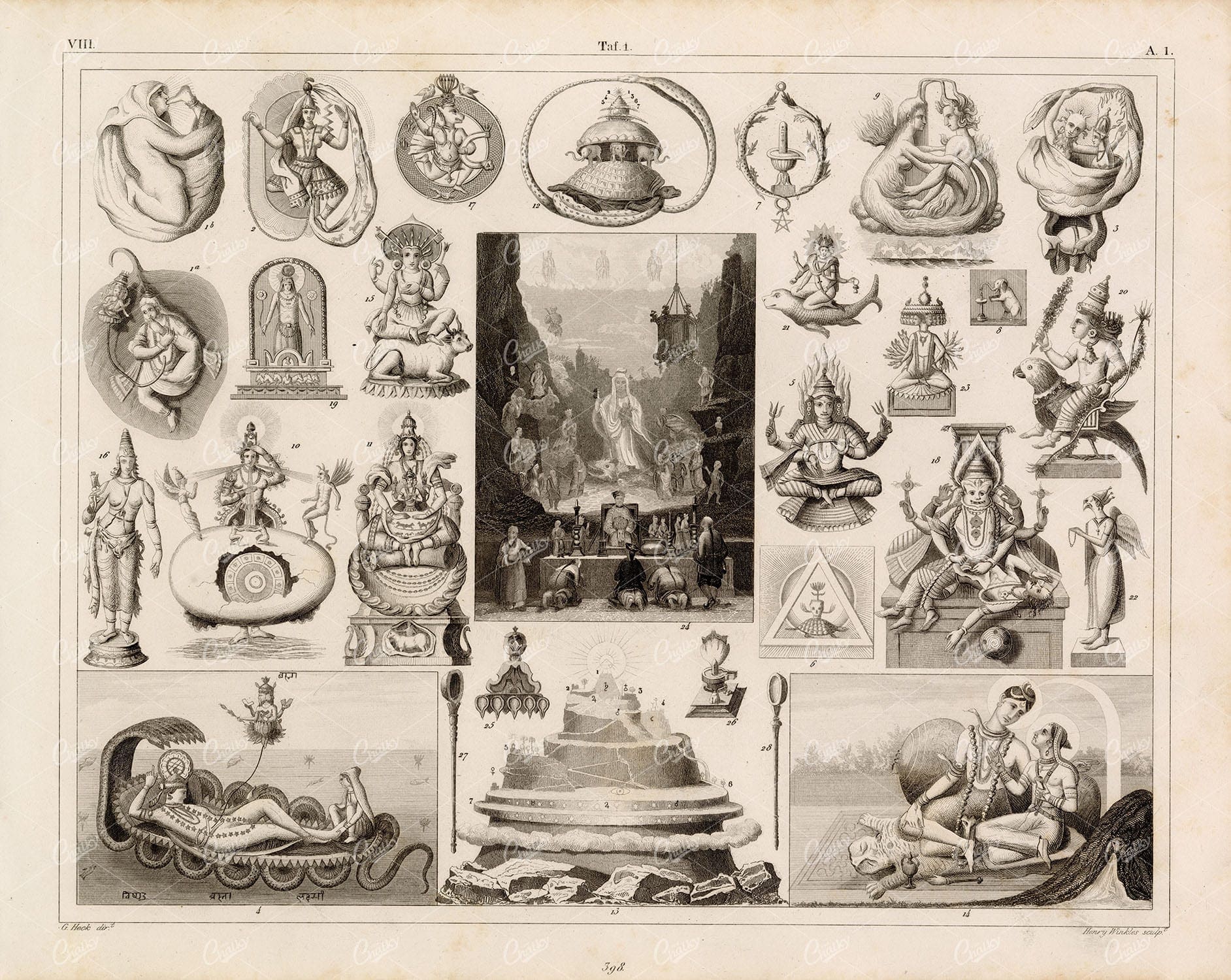 INDIA Mythology Siva Brahma Vishnu Ravana Garuda - 1844 Superb Print