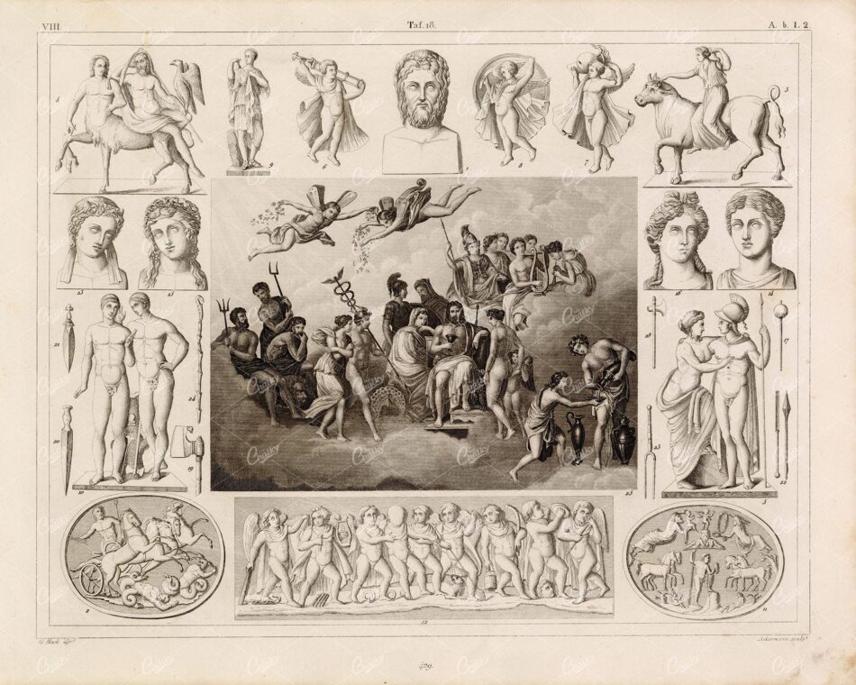 MYTHOLOGY Roman Gods Zeus Centaur Ares Ariadne Sacrifice - 1844 Print