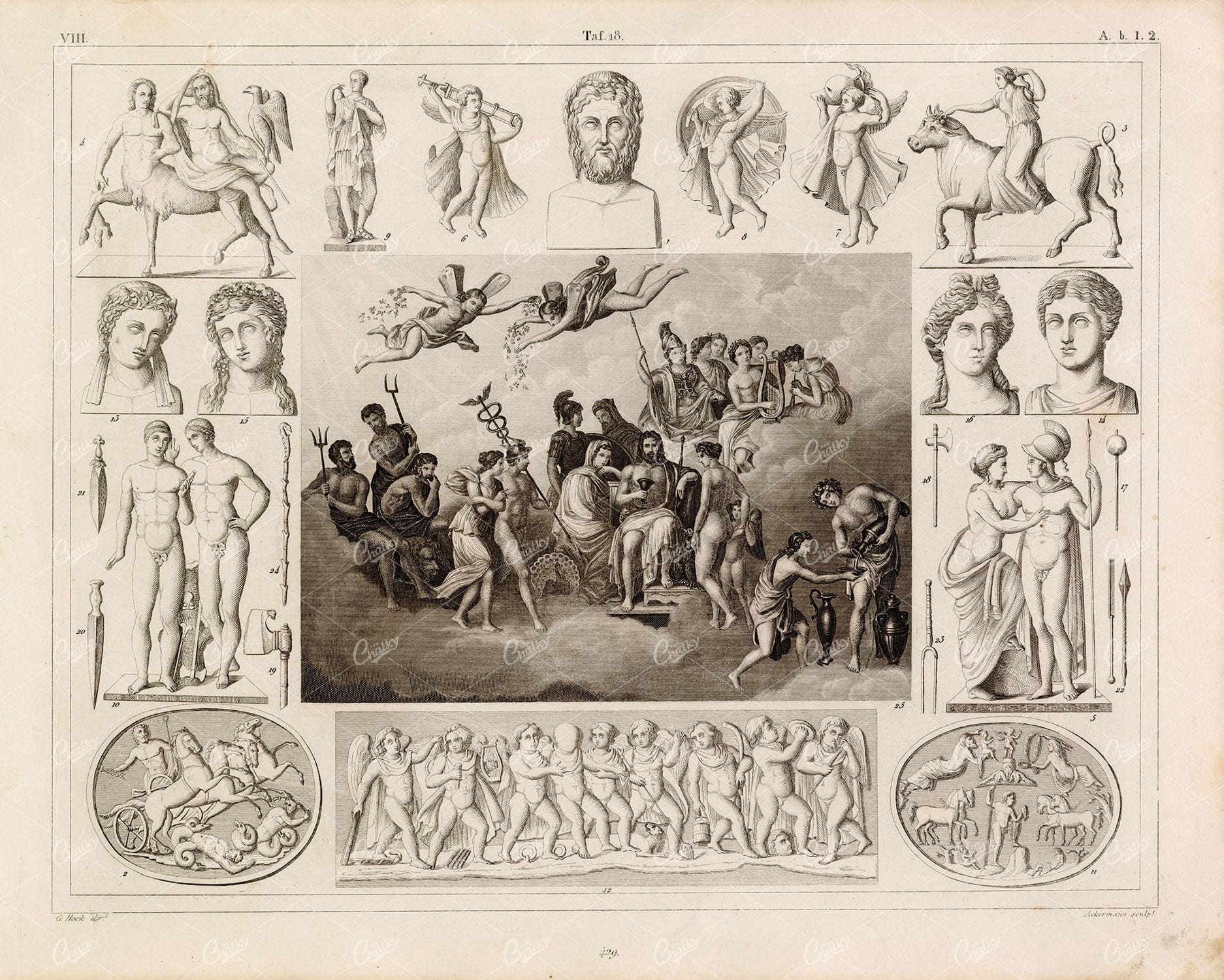 MYTHOLOGY Roman Gods Zeus Centaur Ares Ariadne Sacrifice - 1844 Print