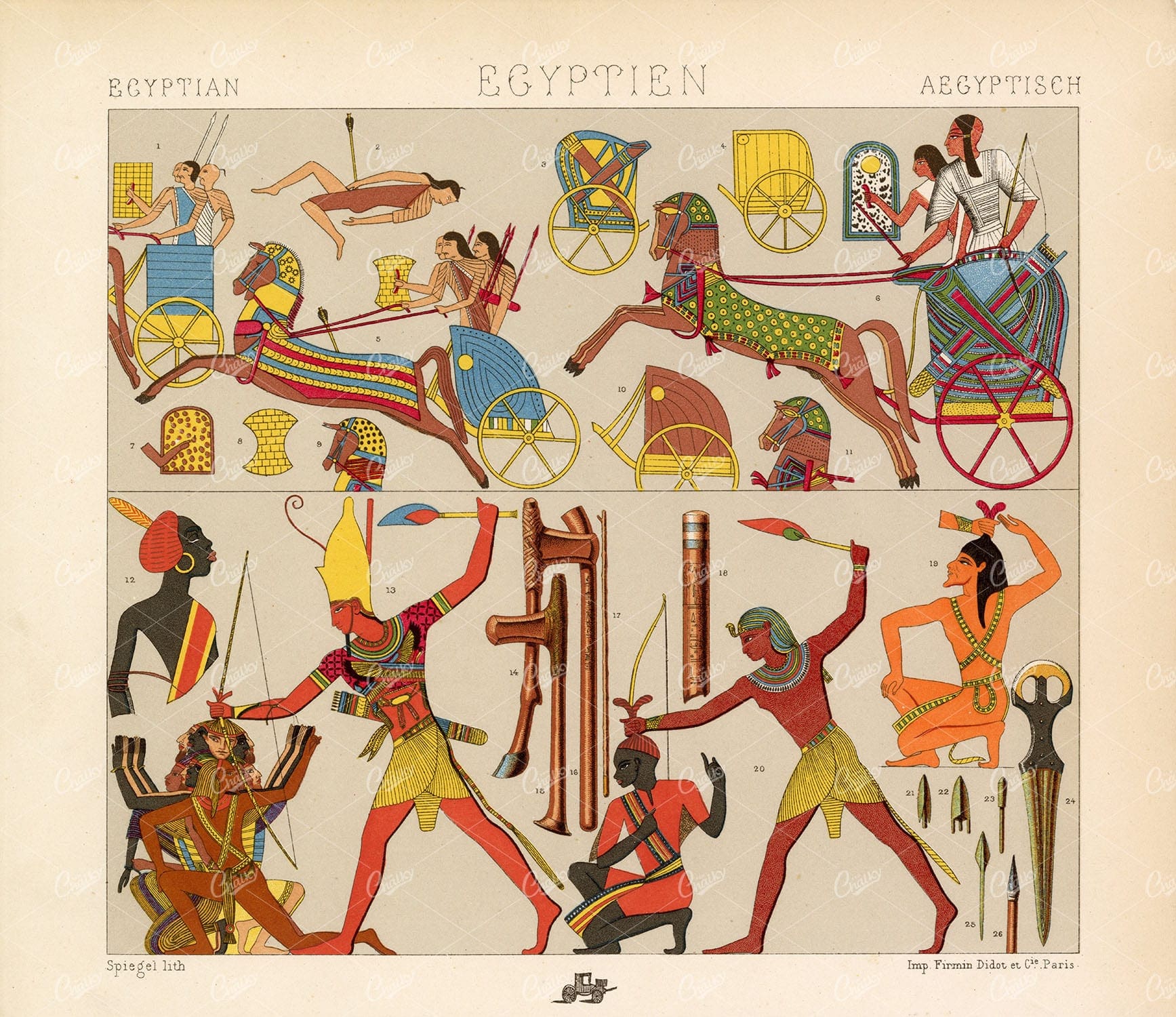 EGYPT Costumes Kings Slaughter Enemies Chariots - Litho Print A. Racinet