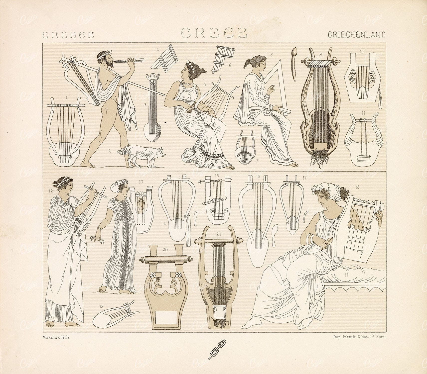 MUSICAL Instruments Greece Lyra Psaltria - 1888 Racinet Litho Print