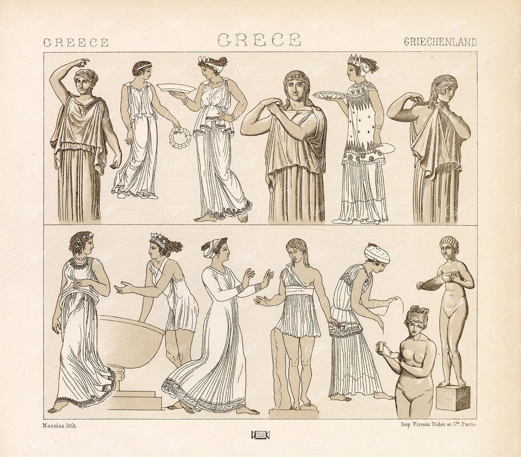GREEK Women Costume Fashion Hairstyles - 1888 Racinet Litho Print