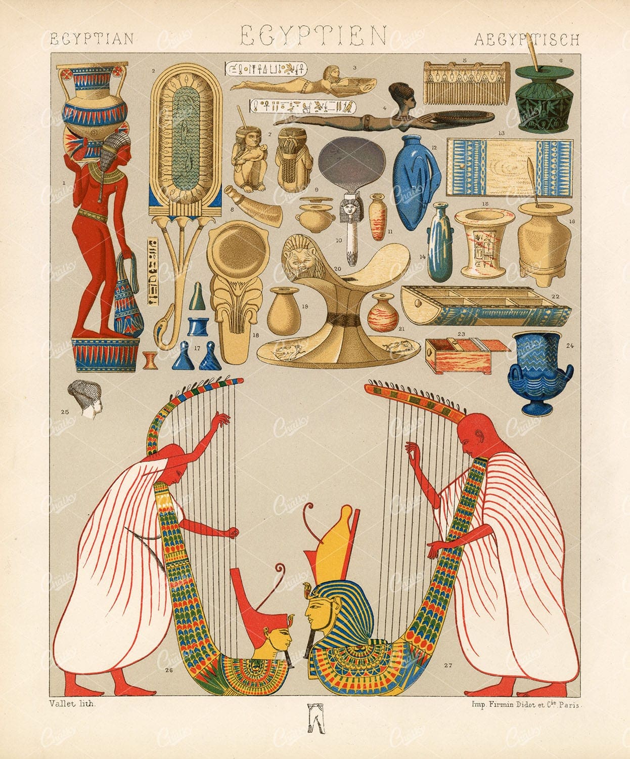 EGYPT Utensils Toilette Vases Grand Harp - Colour Litho Print A. Racinet