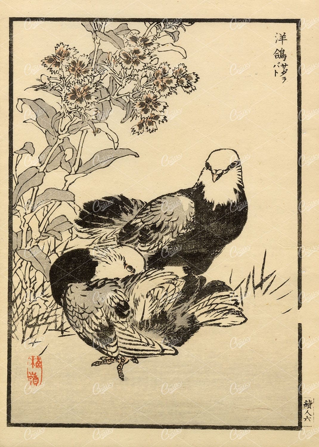 ORIGINAL Japanese Antique Print - Kono Bairei Woodblock 1881 Birds