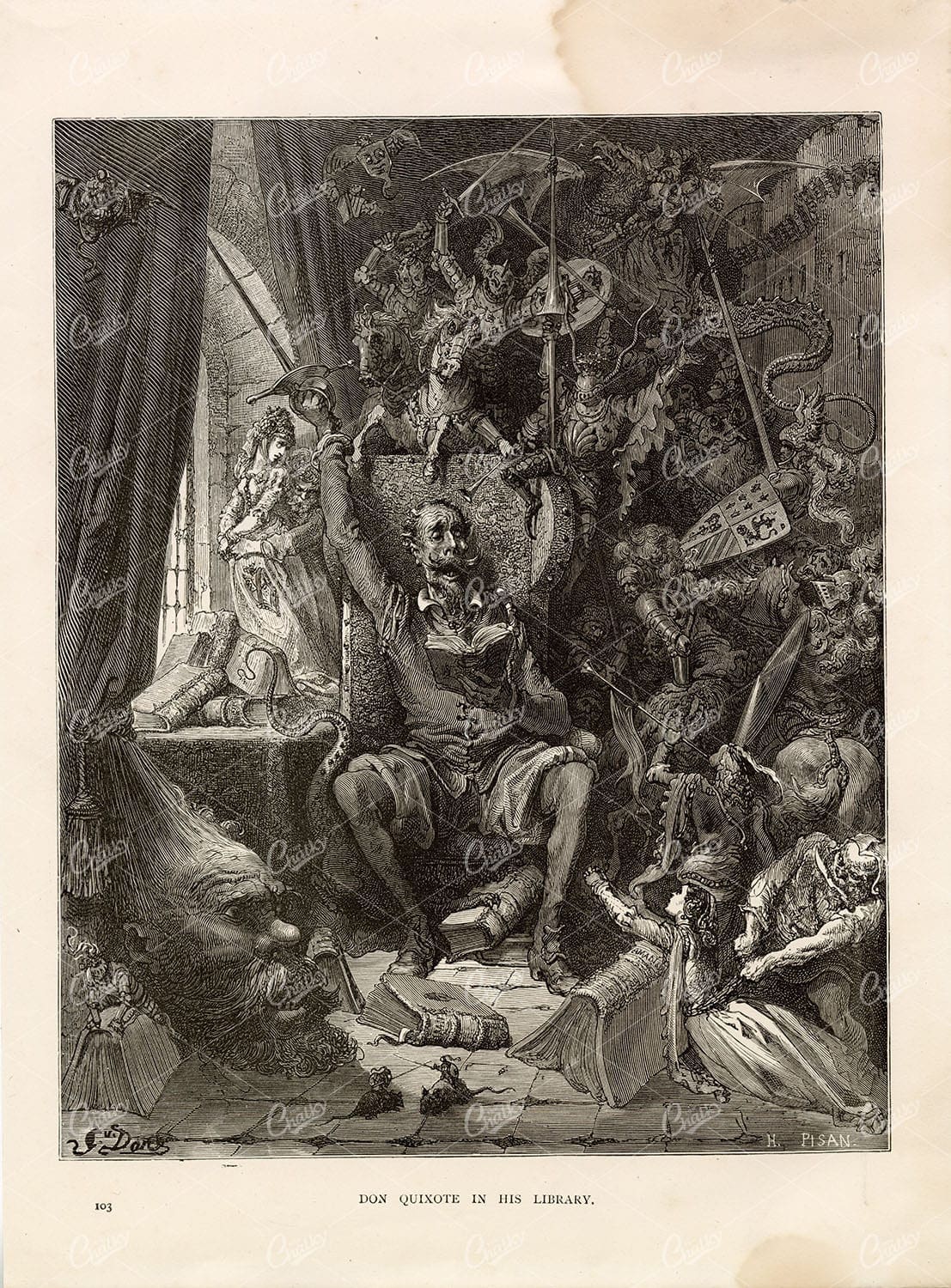 DON QUIXOTE in his Library - 1891 Antique Gustave Dore Lithograph