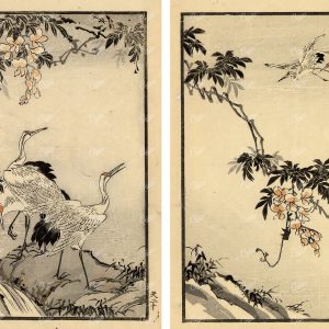 ANTIQUE Original Kono Bairei Wood block Japanese Prints 1881 Cranes Pair