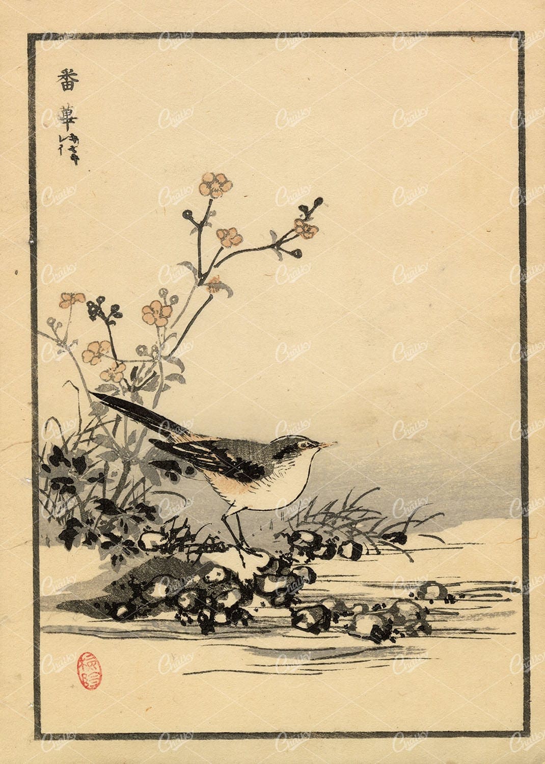 ANTIQUE Original Kono Bairei Woodblock Japanese Print 1881 Bird