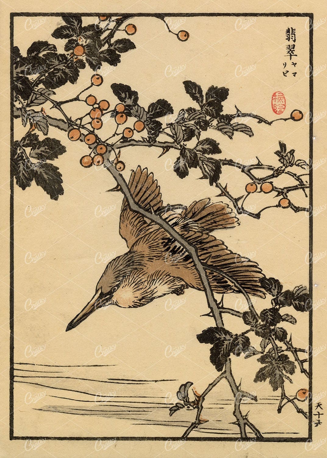 ANTIQUE Original Kono Bairei Woodblock Japanese Print 1881 Bird