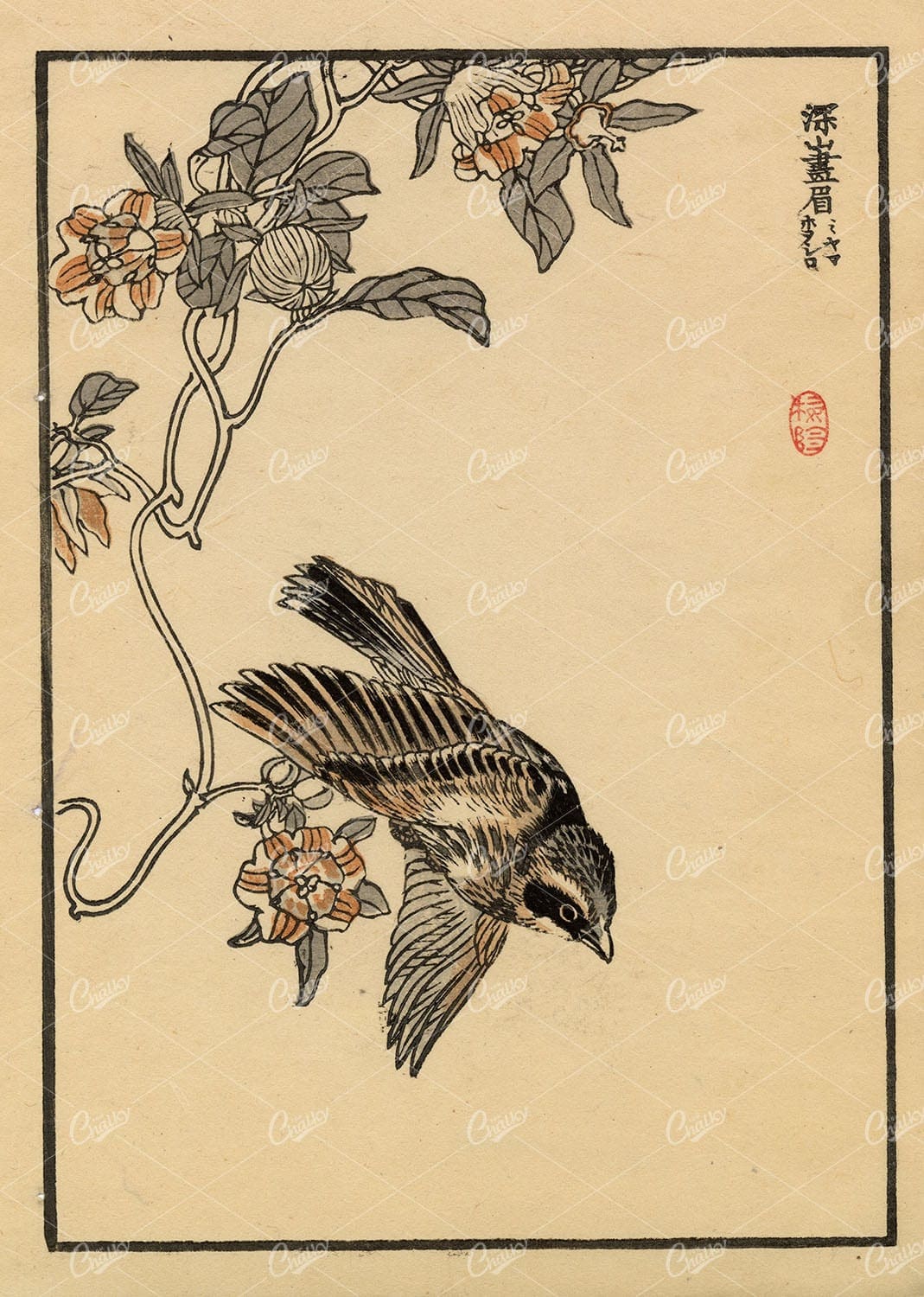 ANTIQUE Original '100 Birds' Kono Bairei Woodblock Japanese Print 1881