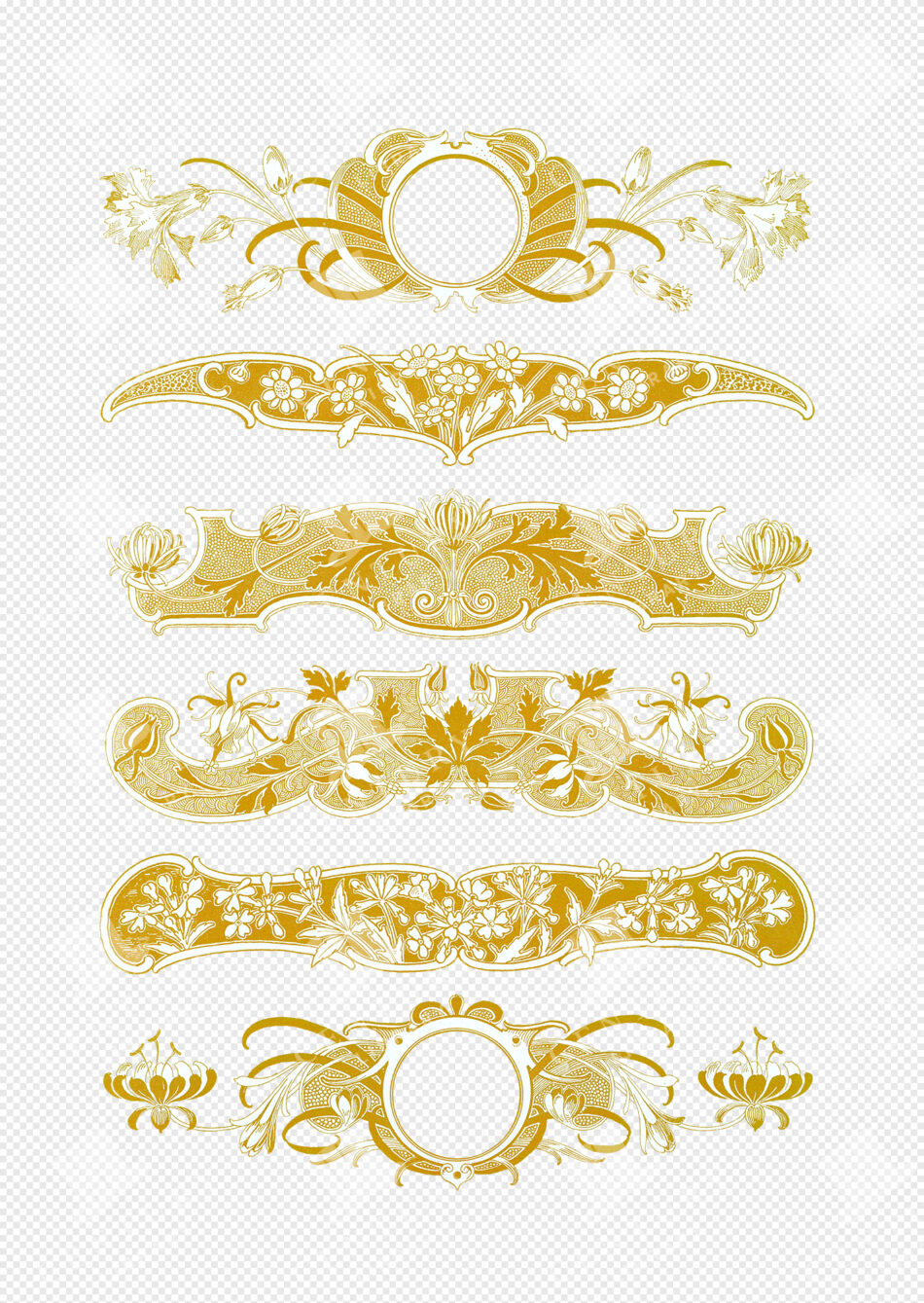 Art Nouveau Floral Png Vignettes In Blue - Curved Cartouches With Blossoms