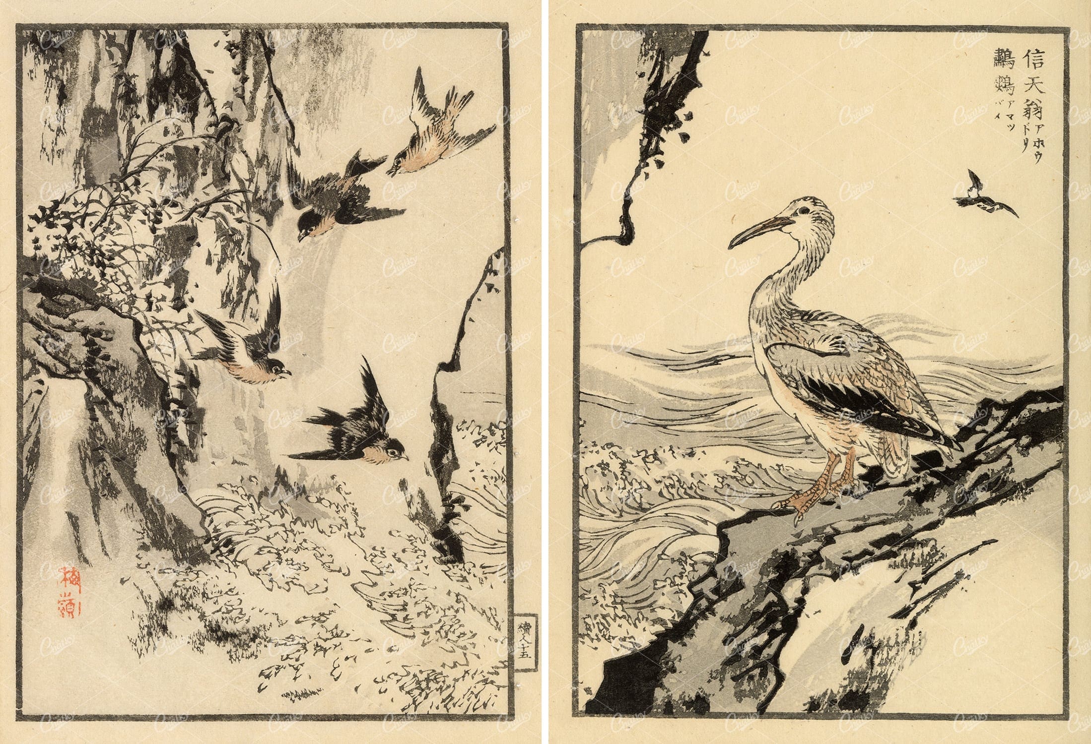 ORIGINAL Kono Bairei Wood Block Japanese Prints 1881 Birds Above Waves