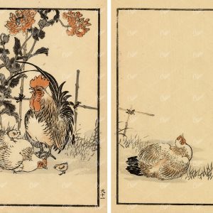 ANTIQUE Kono Bairei Japanese Art Print 1881 Cockerel, Hens, and Chicks
