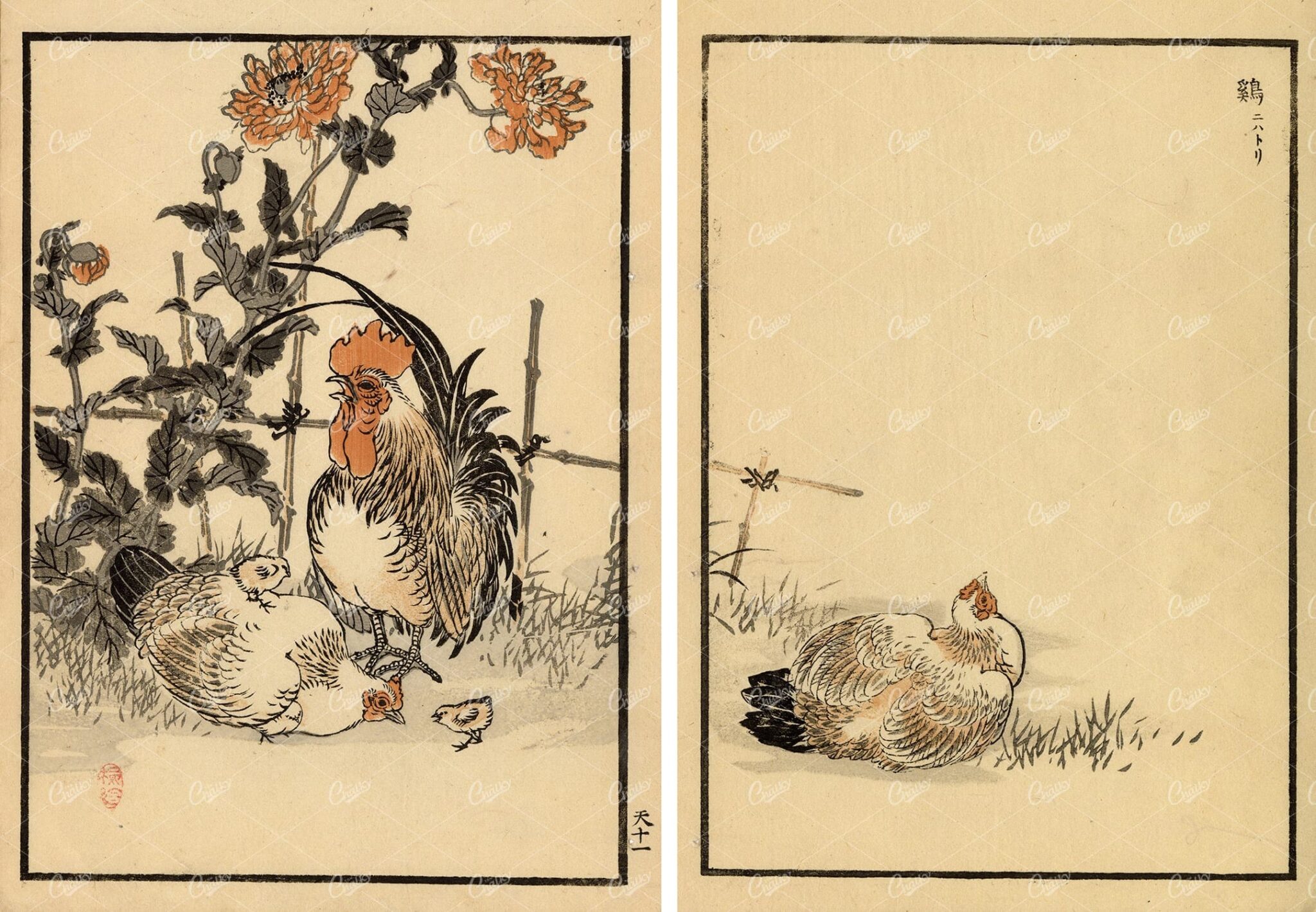 ANTIQUE Kono Bairei Japanese Art Print 1881 Cockerel, Hens, and Chicks