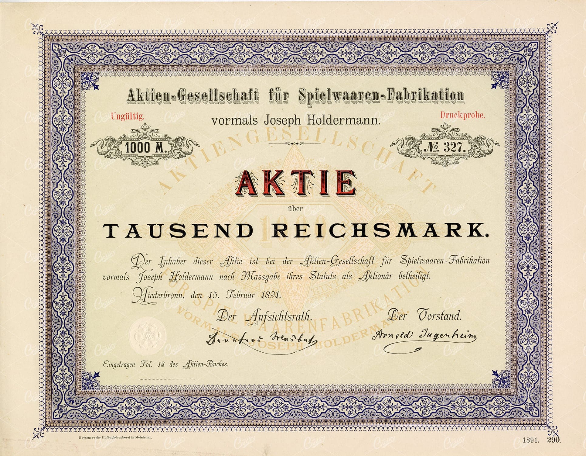 GRAPHIC Exchange Certificate Sample - 1891 German Design and Type