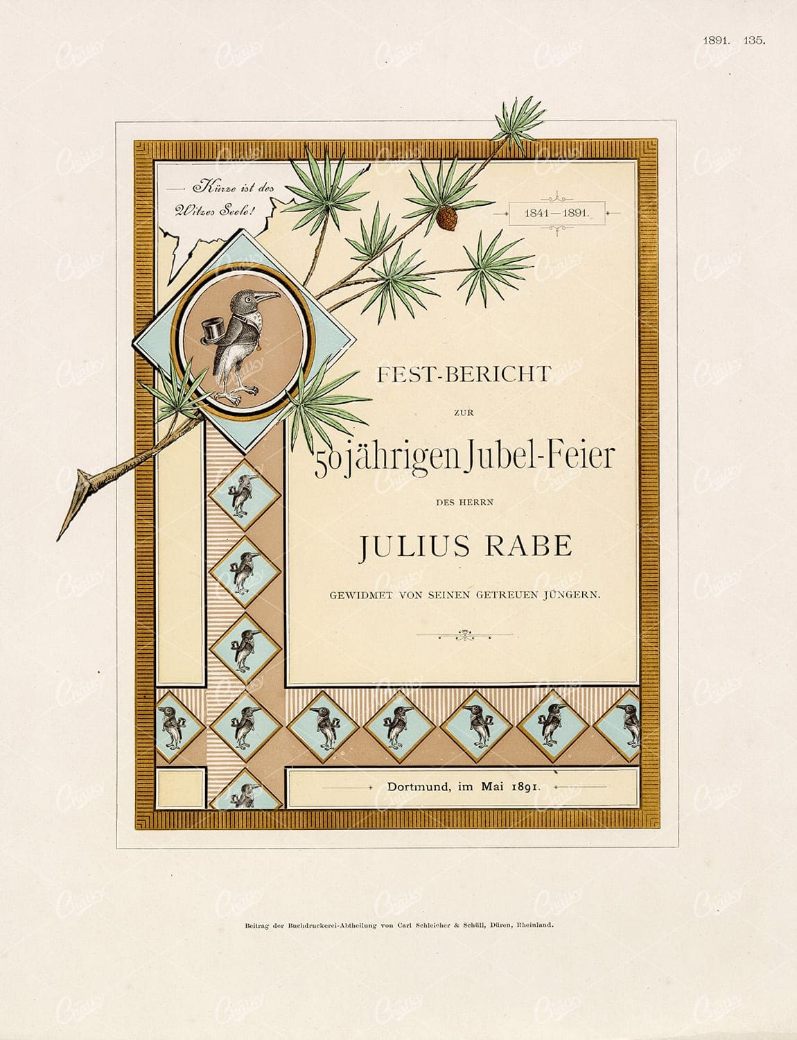 ANTIQUE Comical Bird in Suit Print Design 1891 Graphic Pattern Exchange