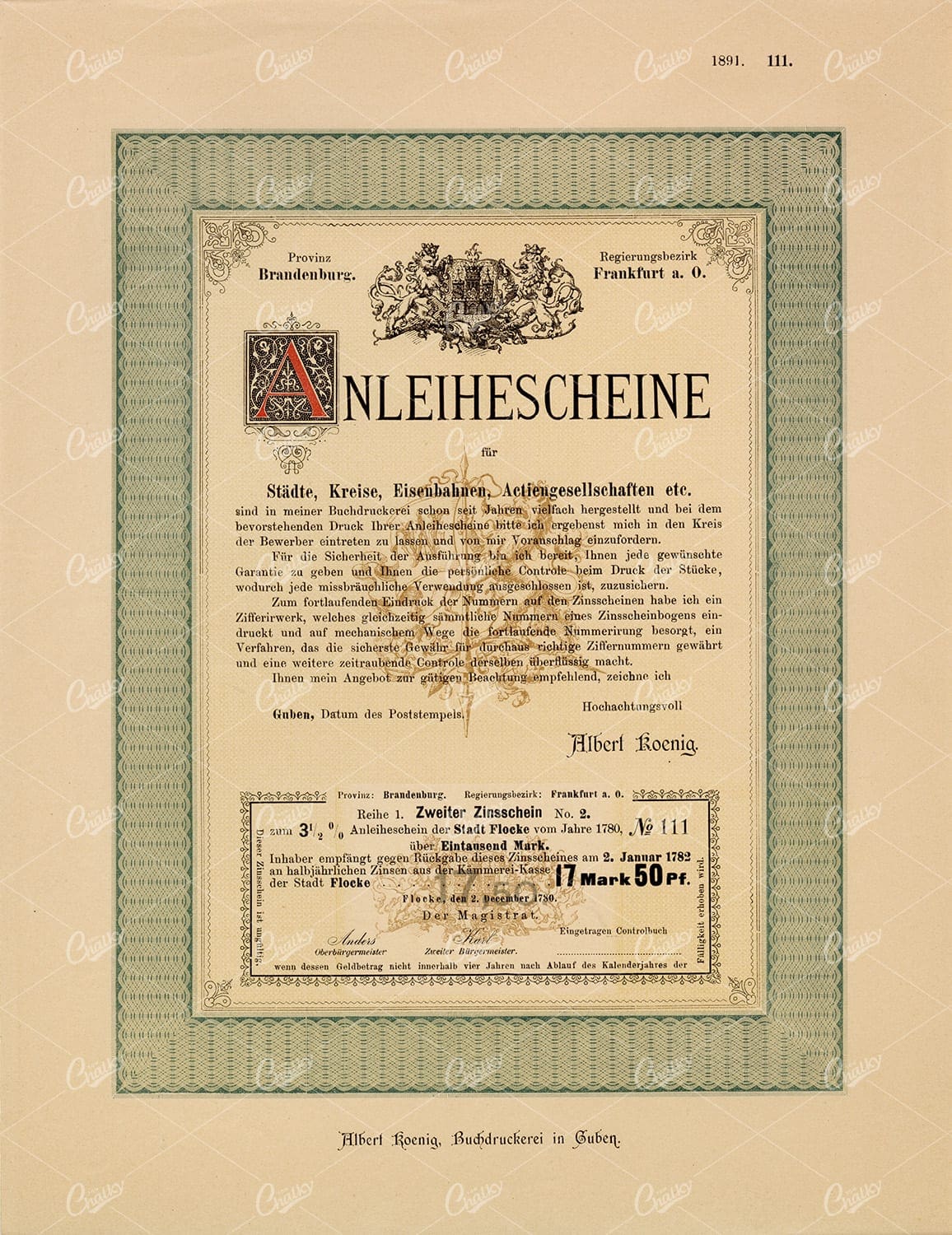 DECORATIVE Certificate / Official Document Print Design 1891