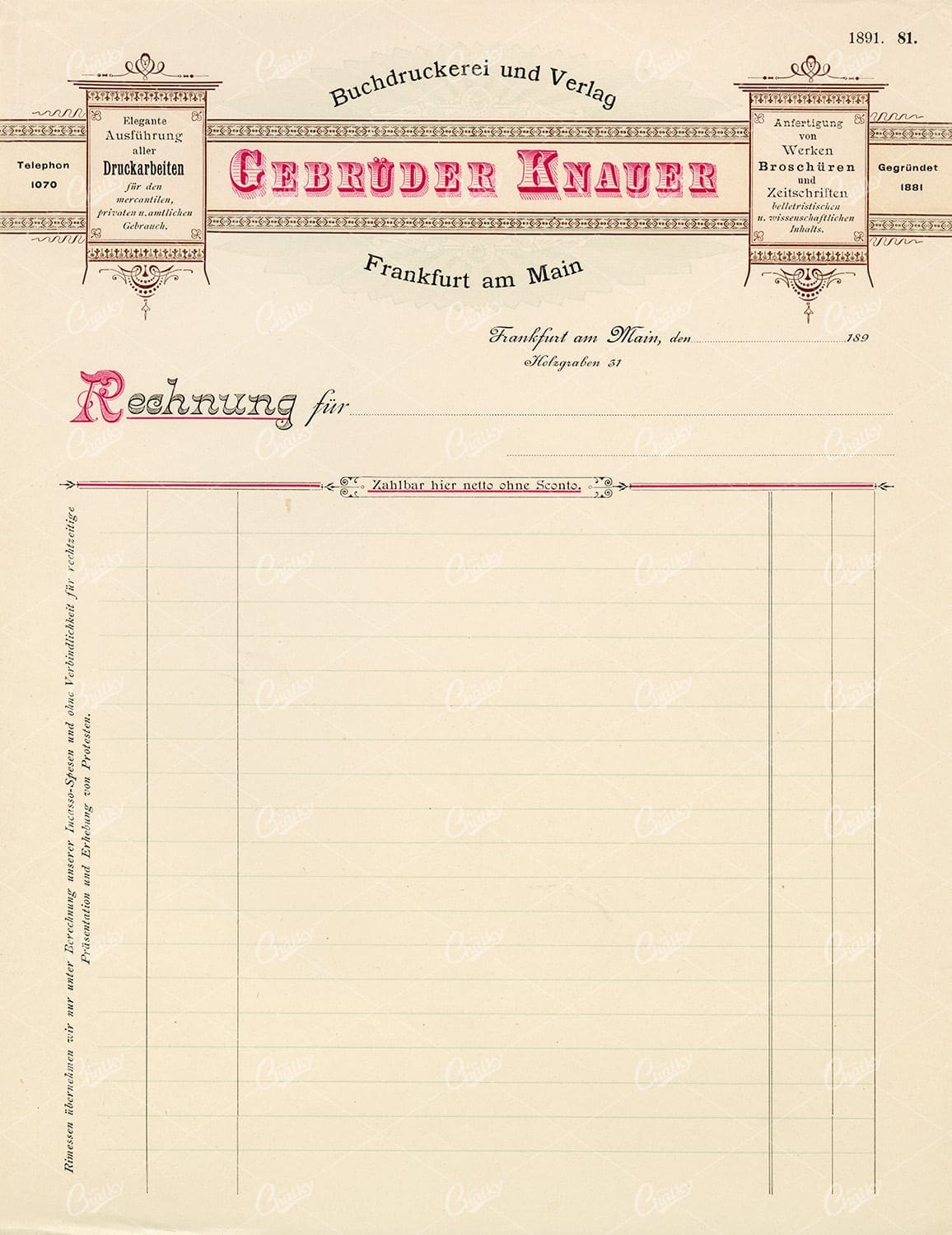 ANTIQUE Ornamental Invoice Print Design 1891 Graphic Pattern Exchange