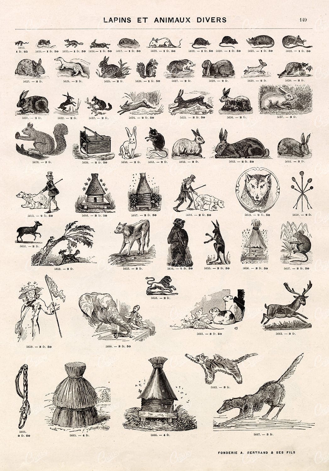 MISCELLANEOUS Sheet of Vignette Animal / Wildlife Illustrations - 1800's Vintage Stock Art
